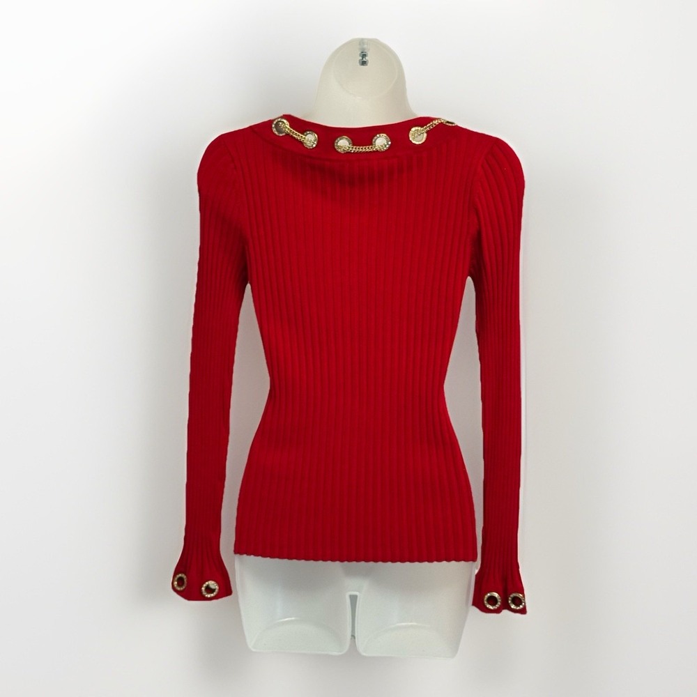 Rare Fontana Rhinestone Neck Sleeves Gold Necklace Ribbed Sweater Size M NWT - Picture 2 of 9